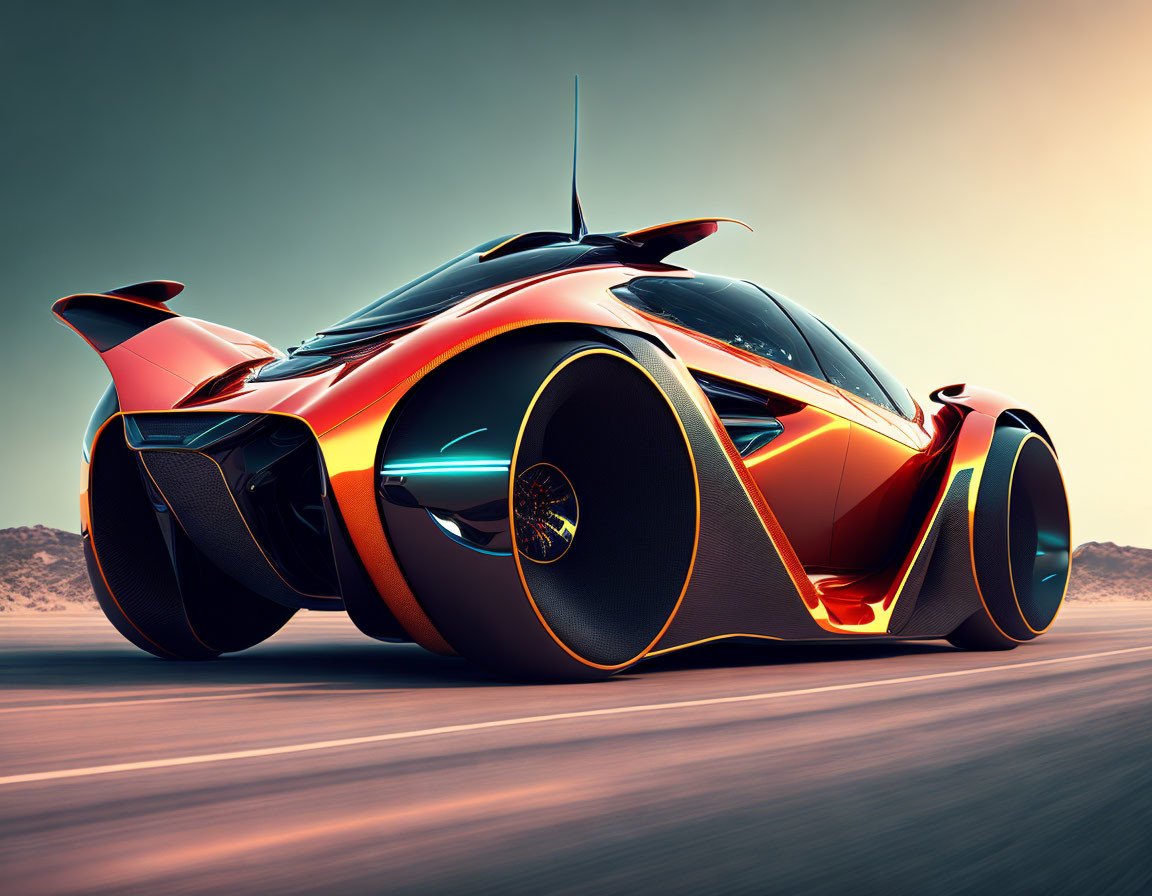 Sleek orange and black sports car in futuristic desert scene