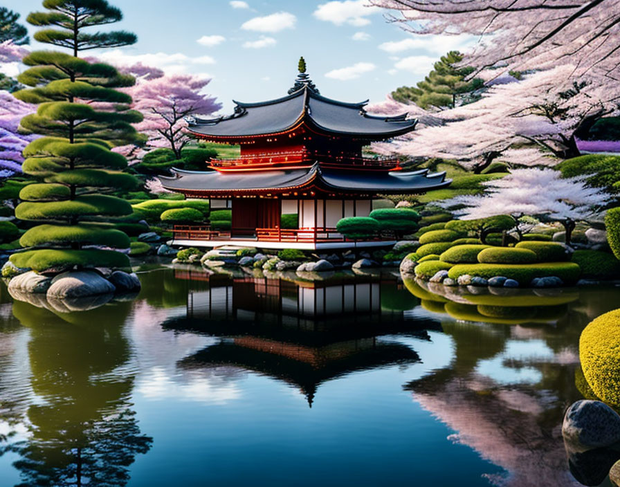 Red Japanese Temple Reflected in Tranquil Pond Amid Cherry Blossoms