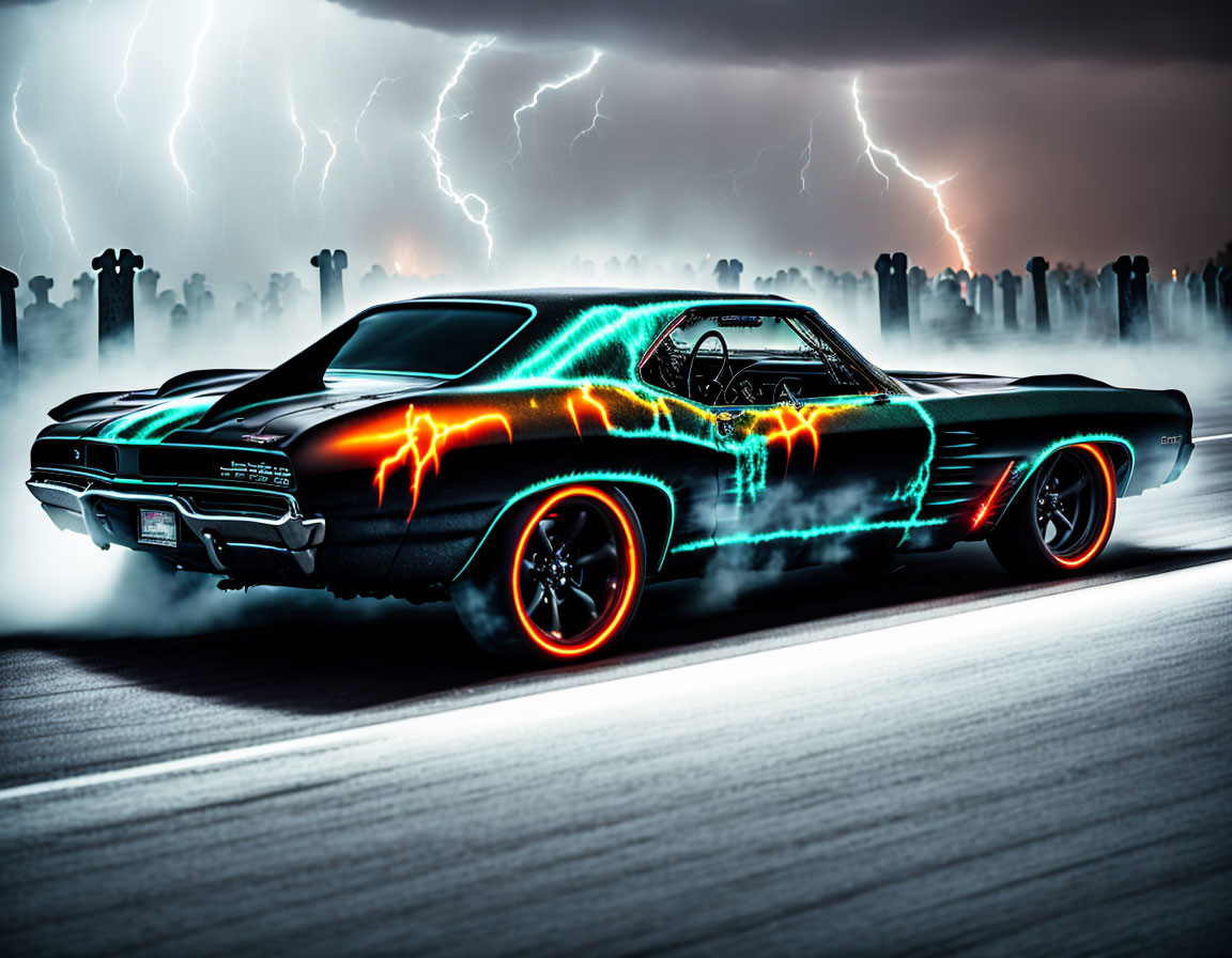 Muscle car with neon lights burns out in stormy sky.