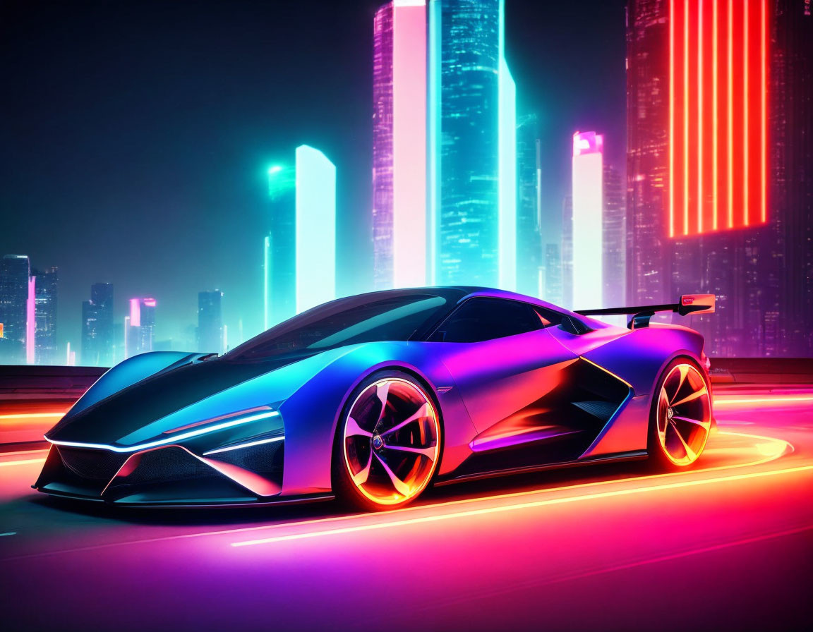 Futuristic sports car with vibrant neon lights in illuminated cityscape