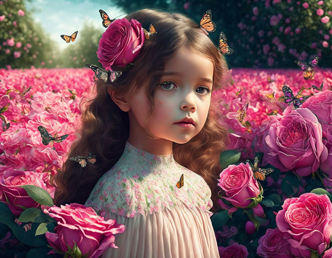 Young girl with flowers in hair surrounded by roses and butterflies