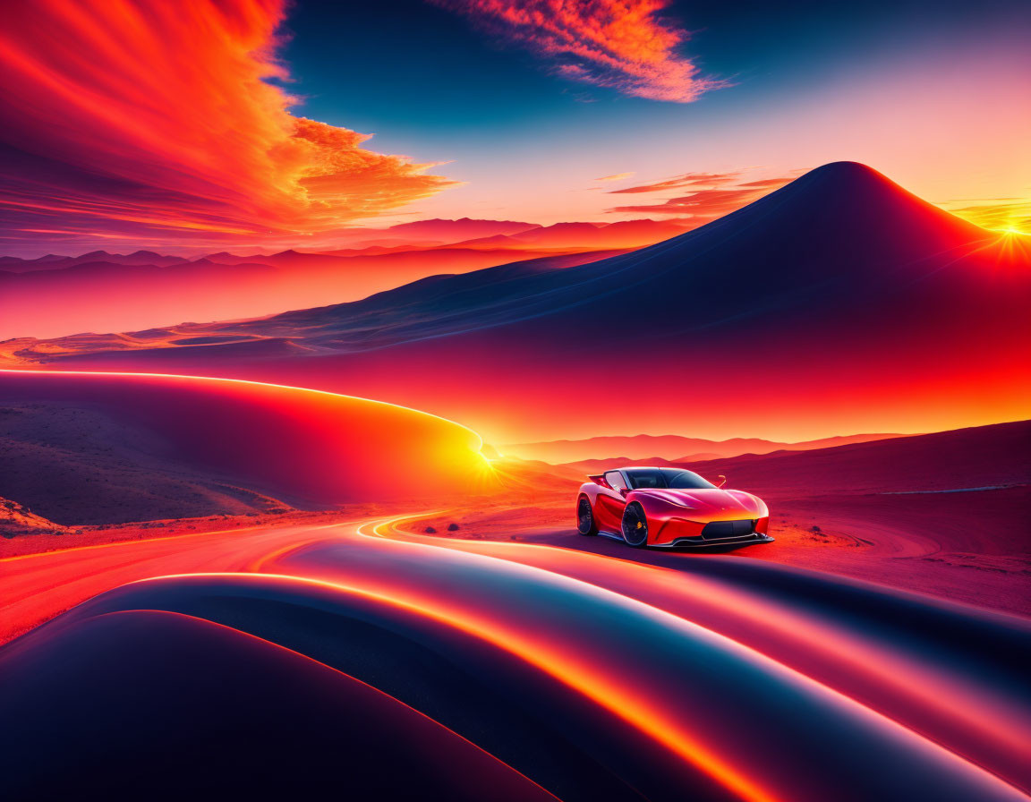 Colorful digital artwork: Futuristic car on neon road in surreal landscape