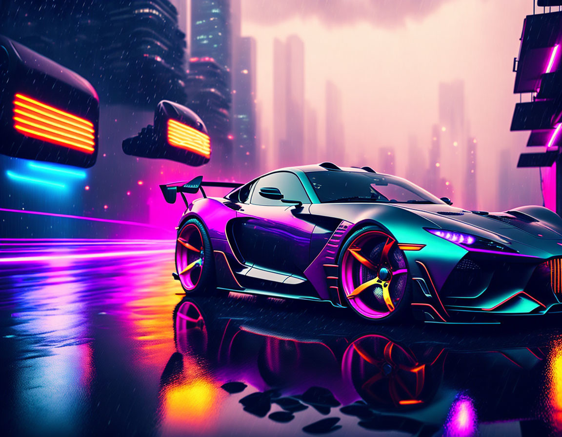 Futuristic sports car with neon accents on wet city street at night