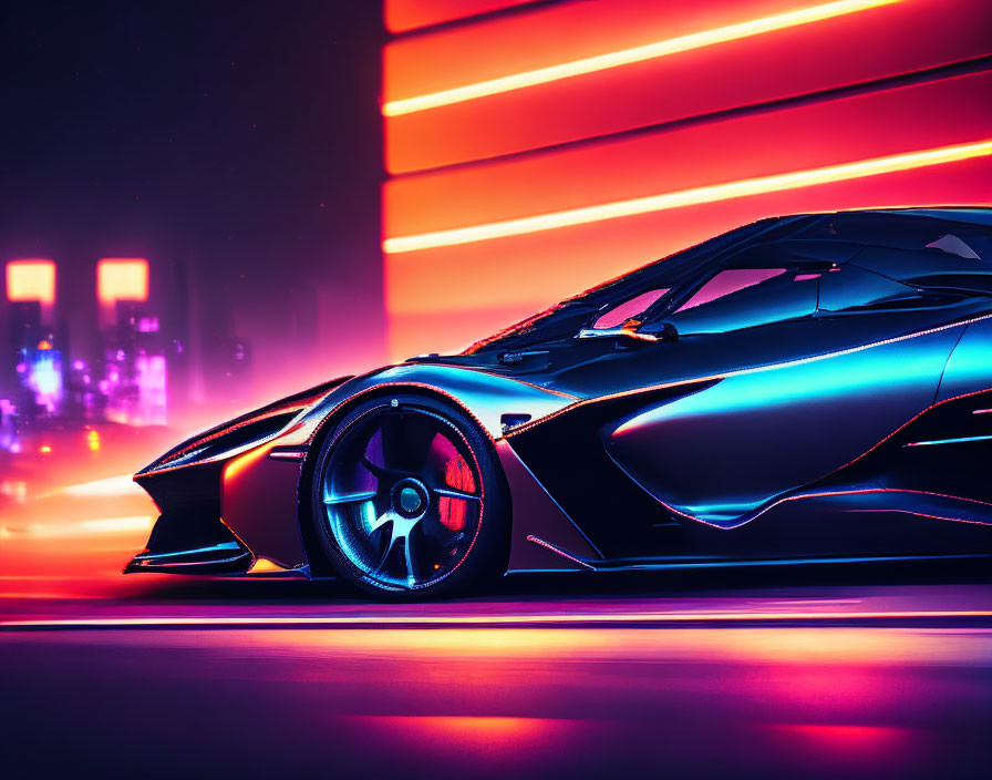 Black sports car with neon accents in vibrant city lights