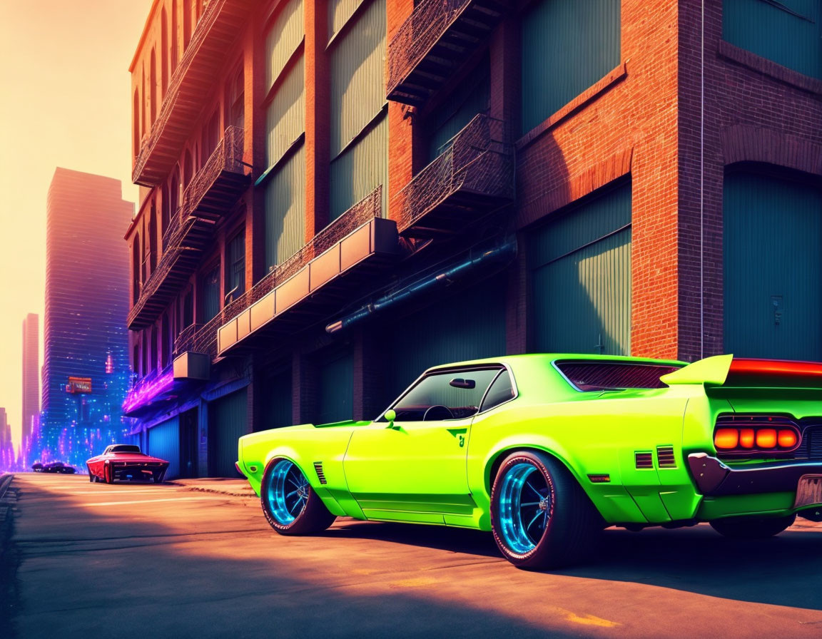 Vibrant green muscle car on city street at sunset with neon colors and futuristic skyline