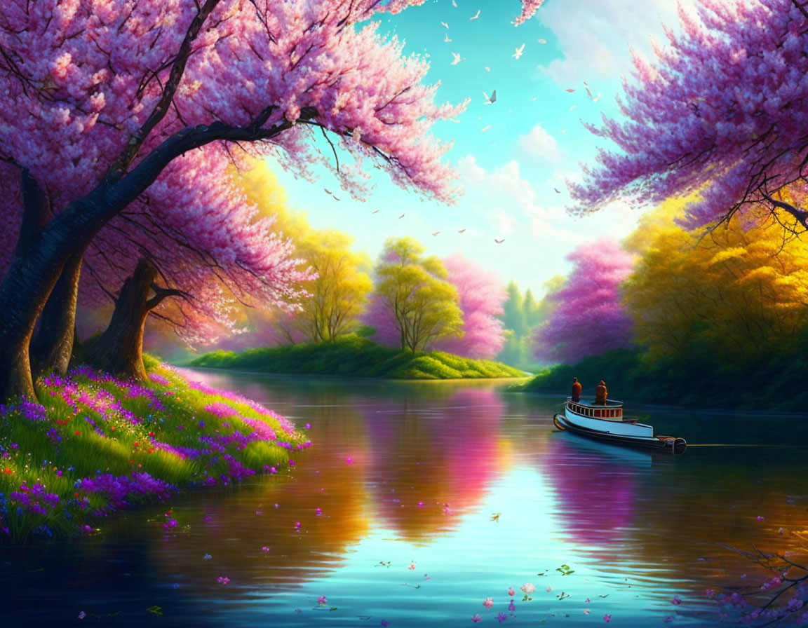 Tranquil river with cherry blossoms and boat under pastel sky