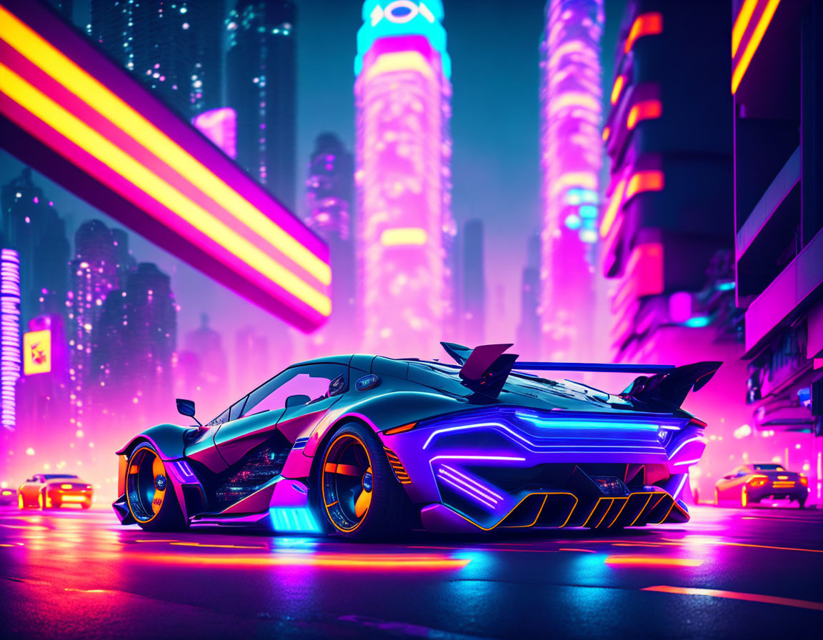 Futuristic neon-lit car on vibrant city street at dusk