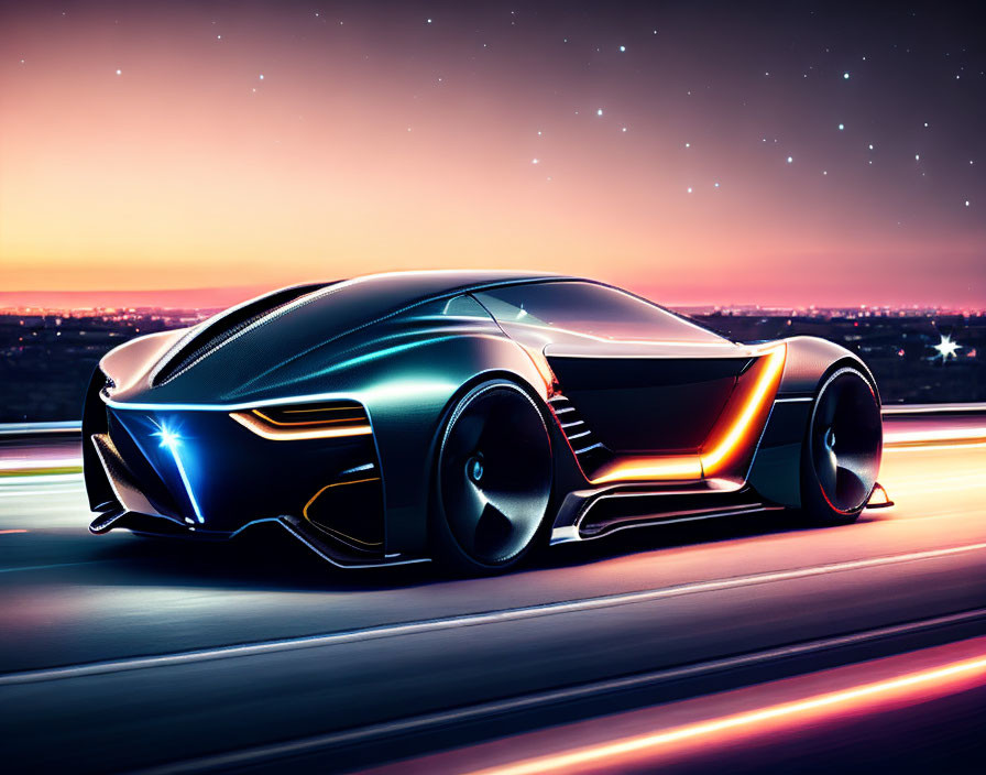 Sleek futuristic sports car with neon lighting in twilight cityscape