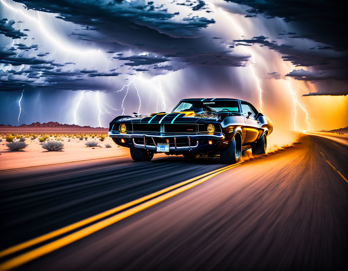 Classic Black Muscle Car Races Desert Stormy Sky Lightning