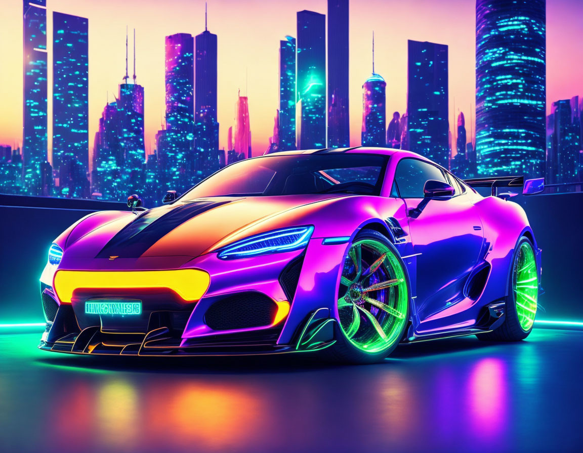 Neon-lit sports car against futuristic city skyline at dusk