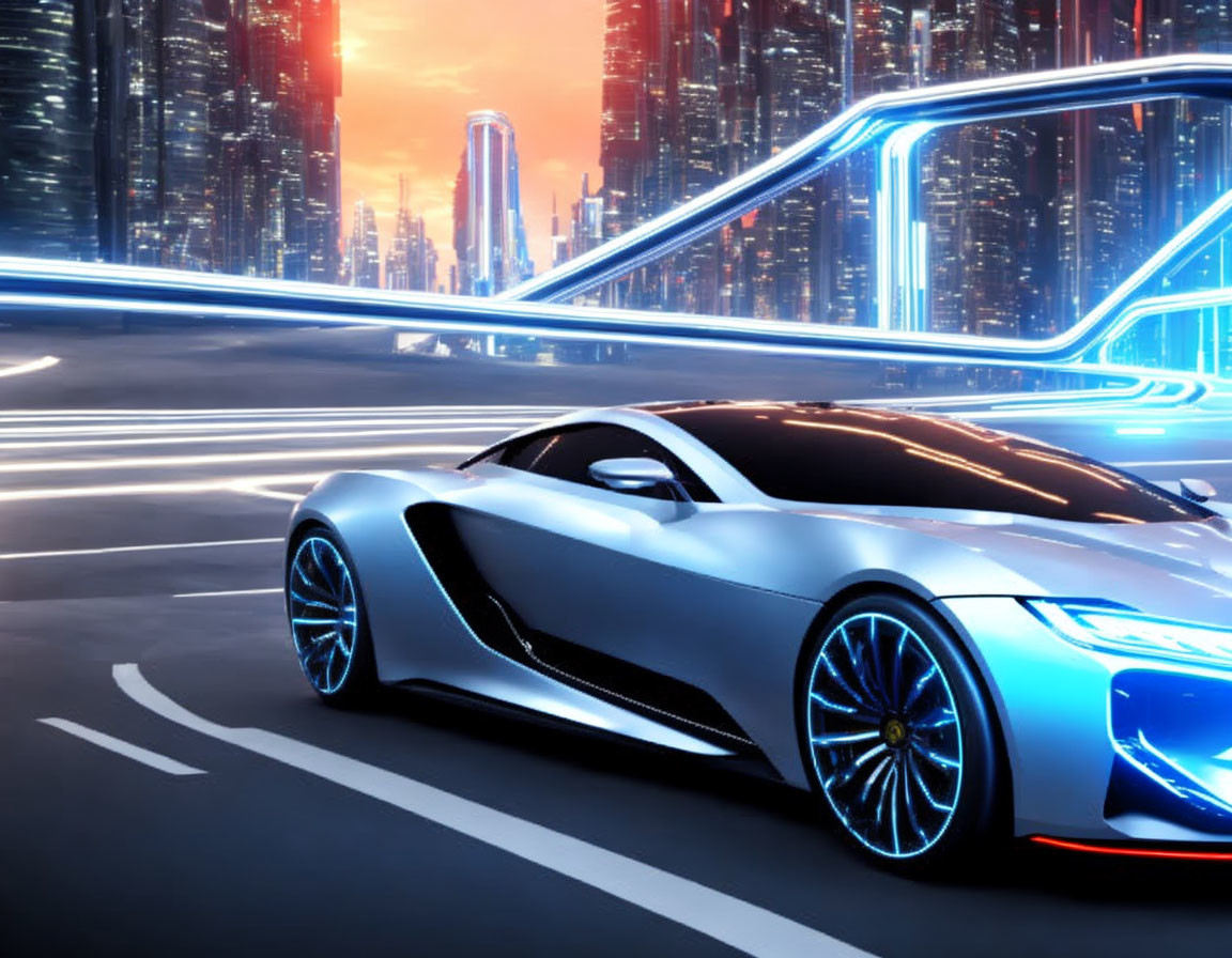 Futuristic car with dynamic lighting in neon-lit urban landscape