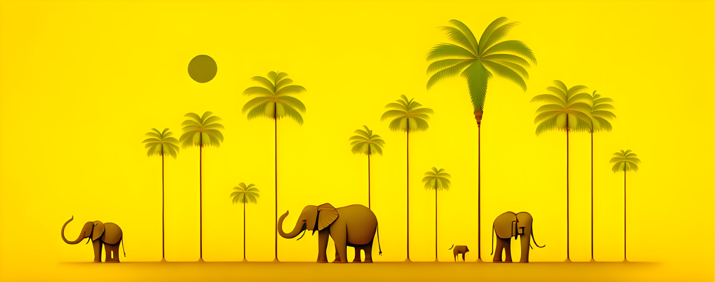 Minimalist Tropical Scene with Stylized Elephants and Palm Trees on Monochrome Yellow Background