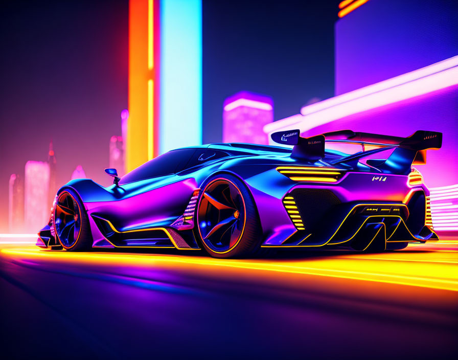 Neon-Accented Futuristic Sports Car in Vibrant Cityscape