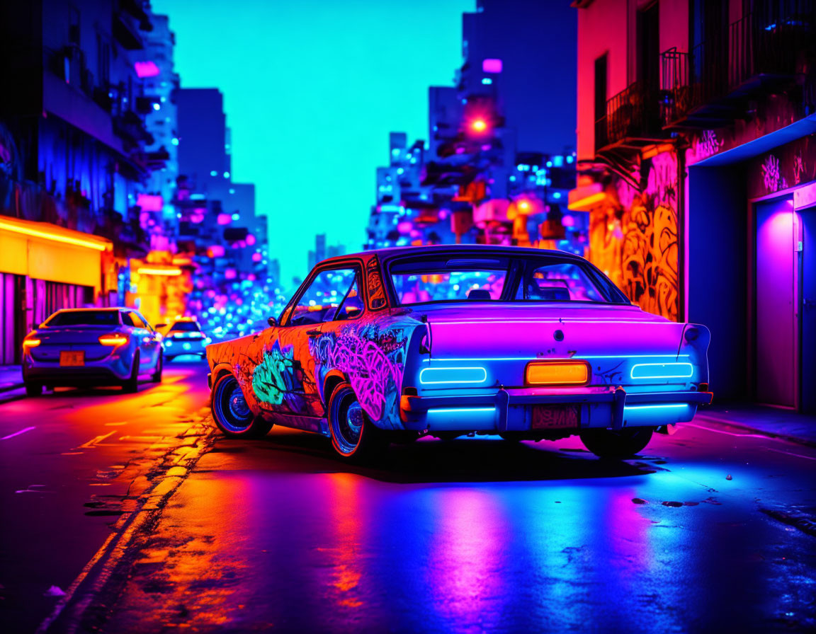 Neon-lit city street at night with colorful classic car