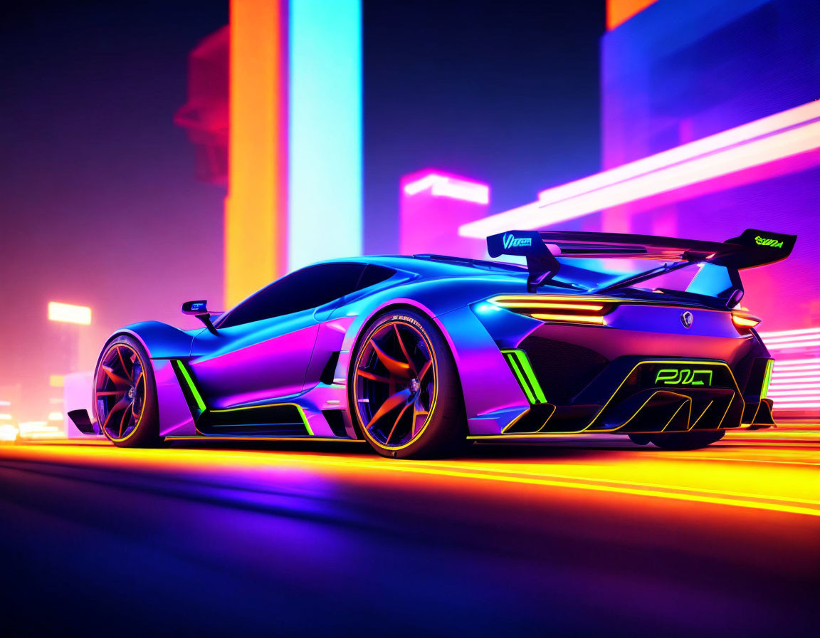 Neon-lit sports car with rear spoiler on glowing street