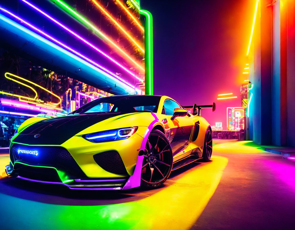 Colorful sports car under neon signs in vibrant urban scene