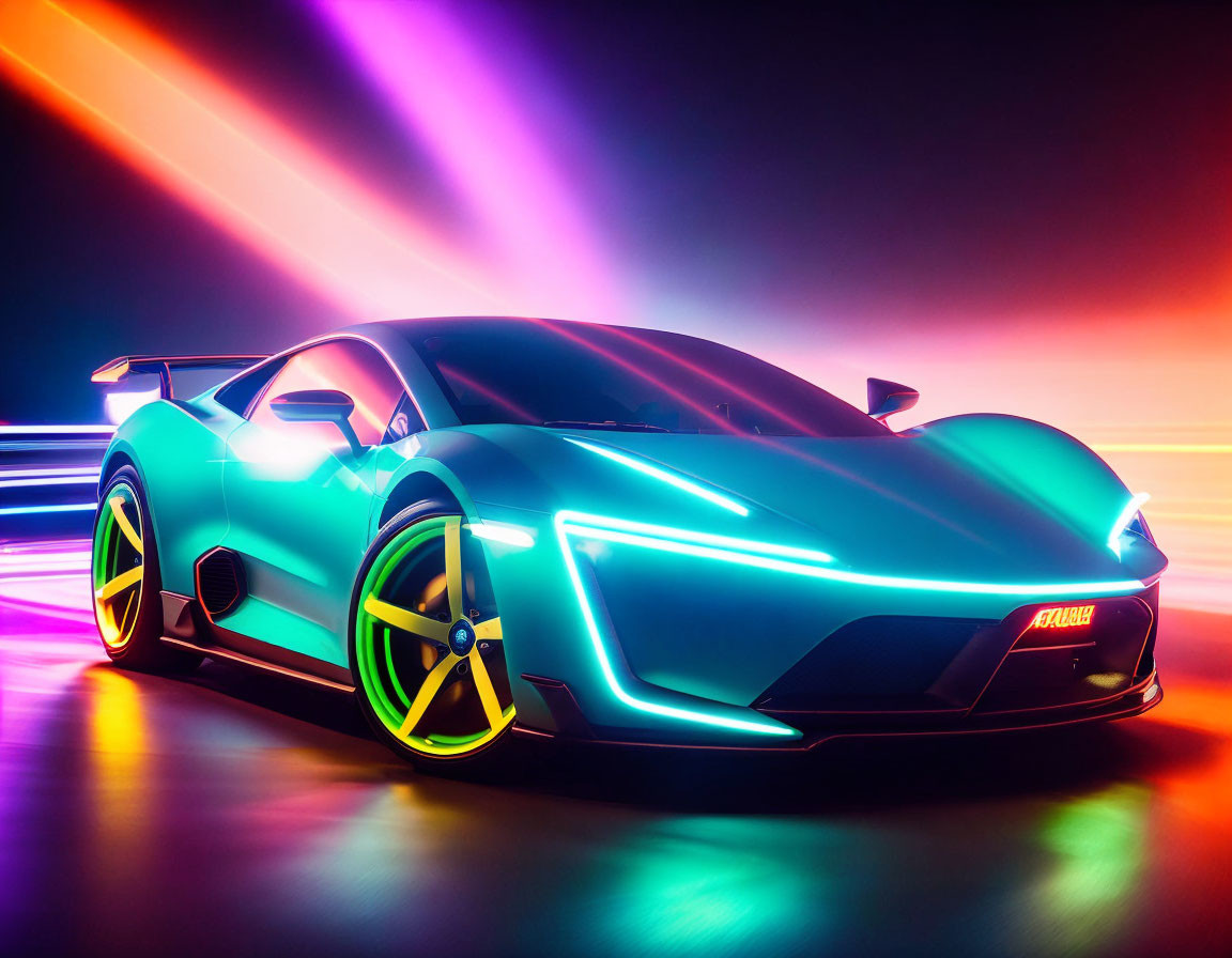 Futuristic sports car with neon lights on gradient background