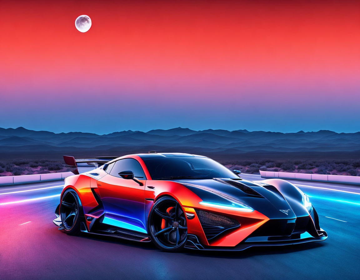 Sleek sports car with neon lighting under twilight sky