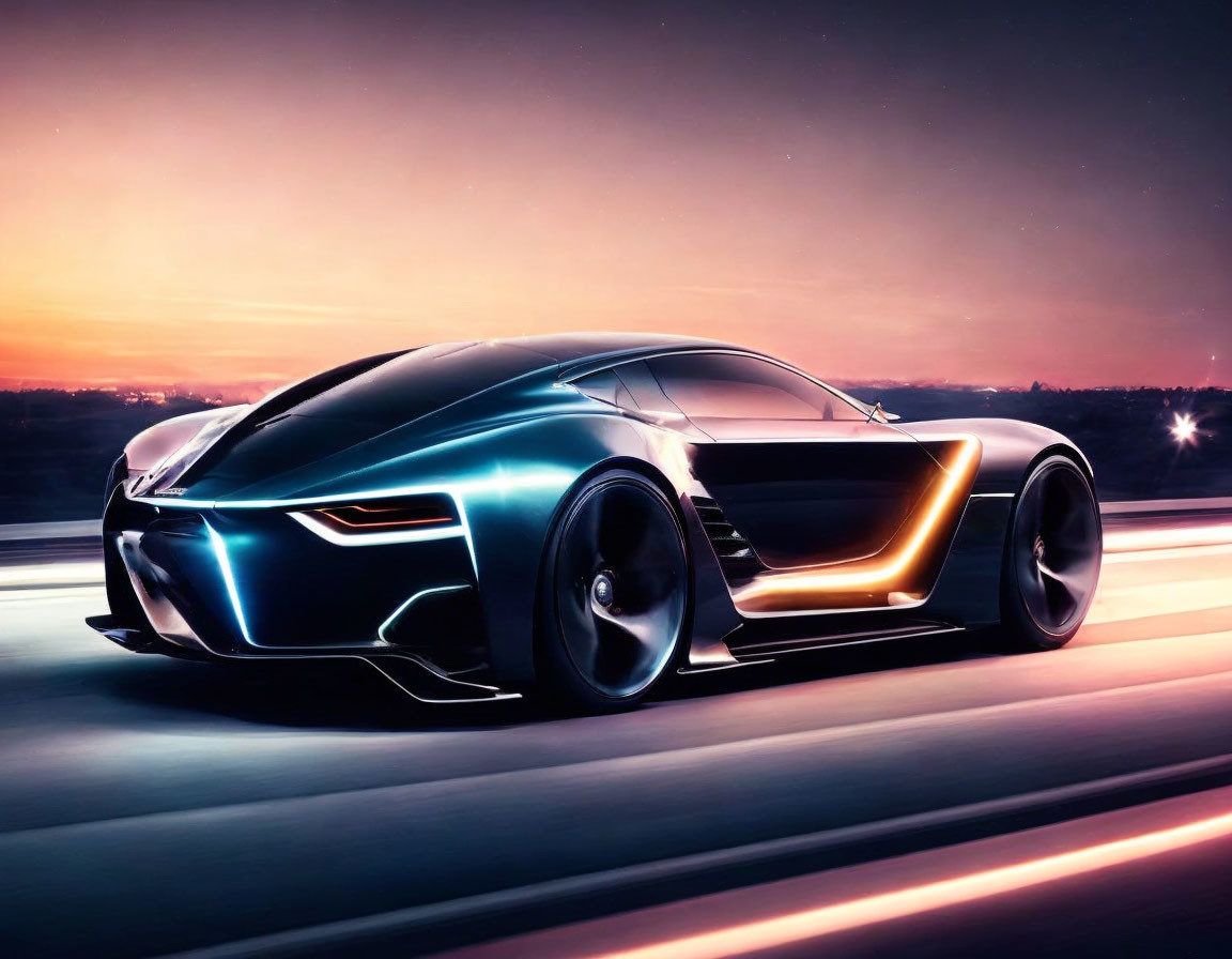 Futuristic Blue Sports Car with Glowing Orange Accents Driving at Twilight