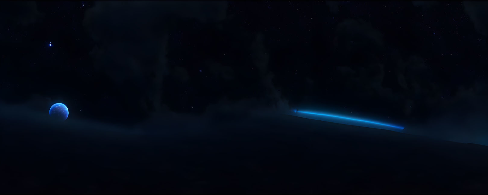 Dark outer space scene with faintly illuminated earth and glowing blue streak.