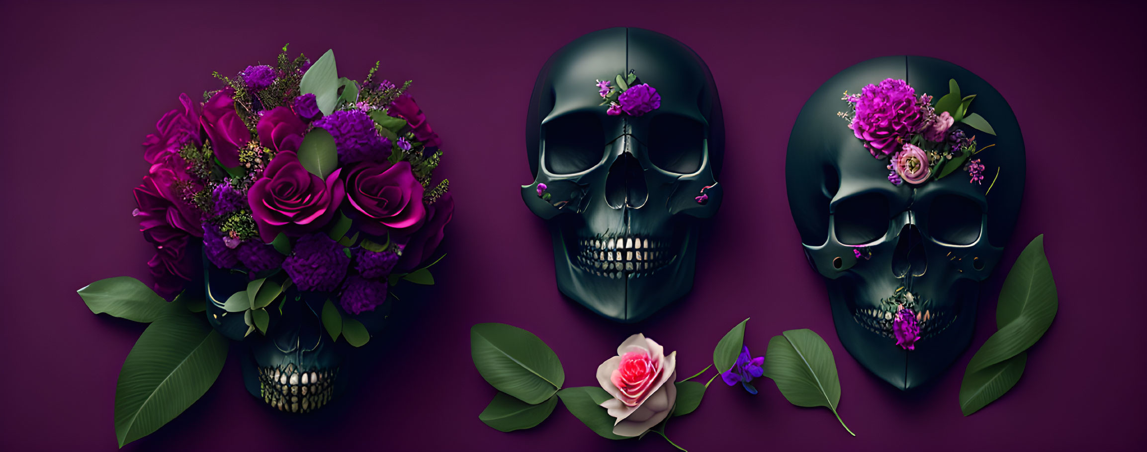 Decorative skulls with vibrant floral arrangements on dark purple background