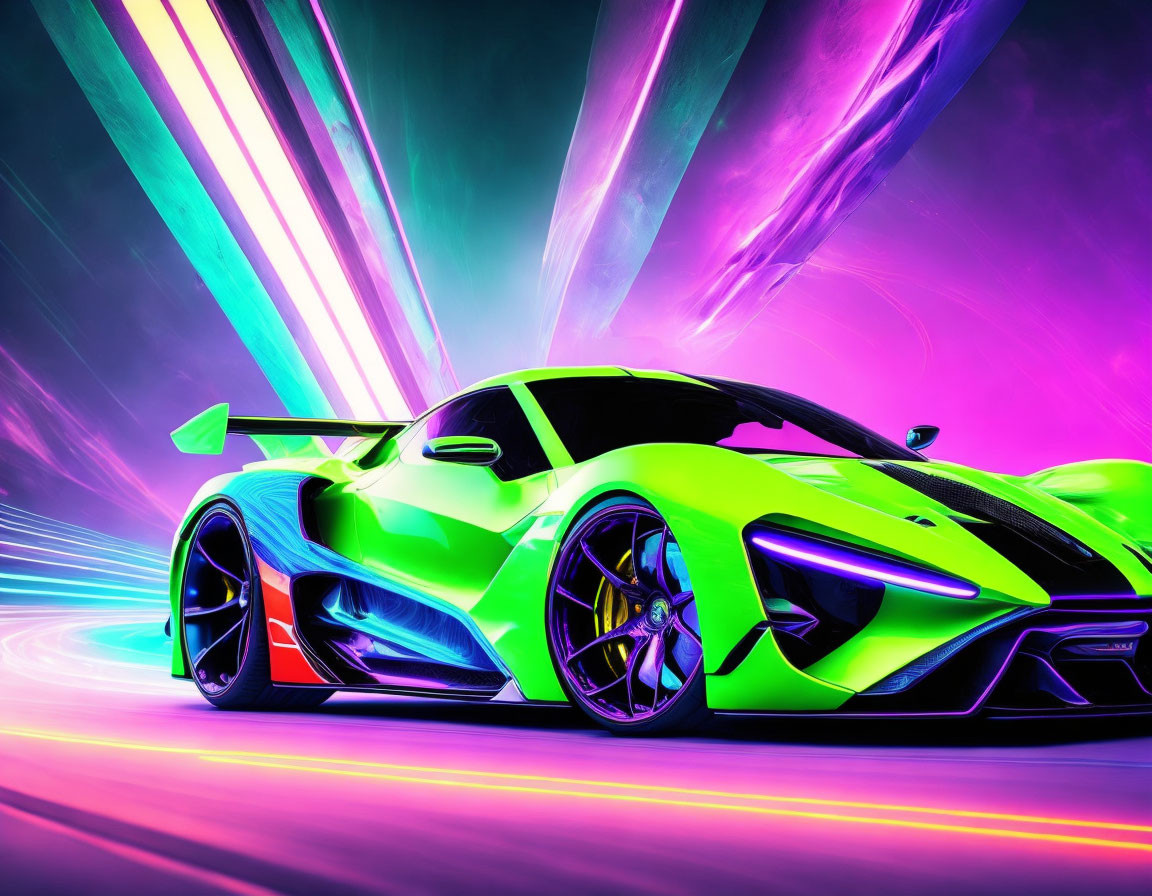 Vibrant Green Sports Car on Neon Background: Speed and Futuristic Design