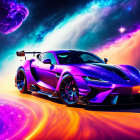 Shimmering purple and blue sports car against cosmic nebula background