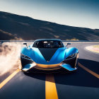 Blue sports car racing with motion blur on asphalt