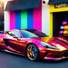 Shiny red sports car with yellow rims against colorful neon backdrop