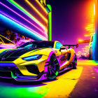 Colorful sports car under neon signs in vibrant urban scene