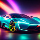 Futuristic sports car with neon lights on gradient background