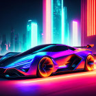 Futuristic sports car with vibrant neon lights in illuminated cityscape