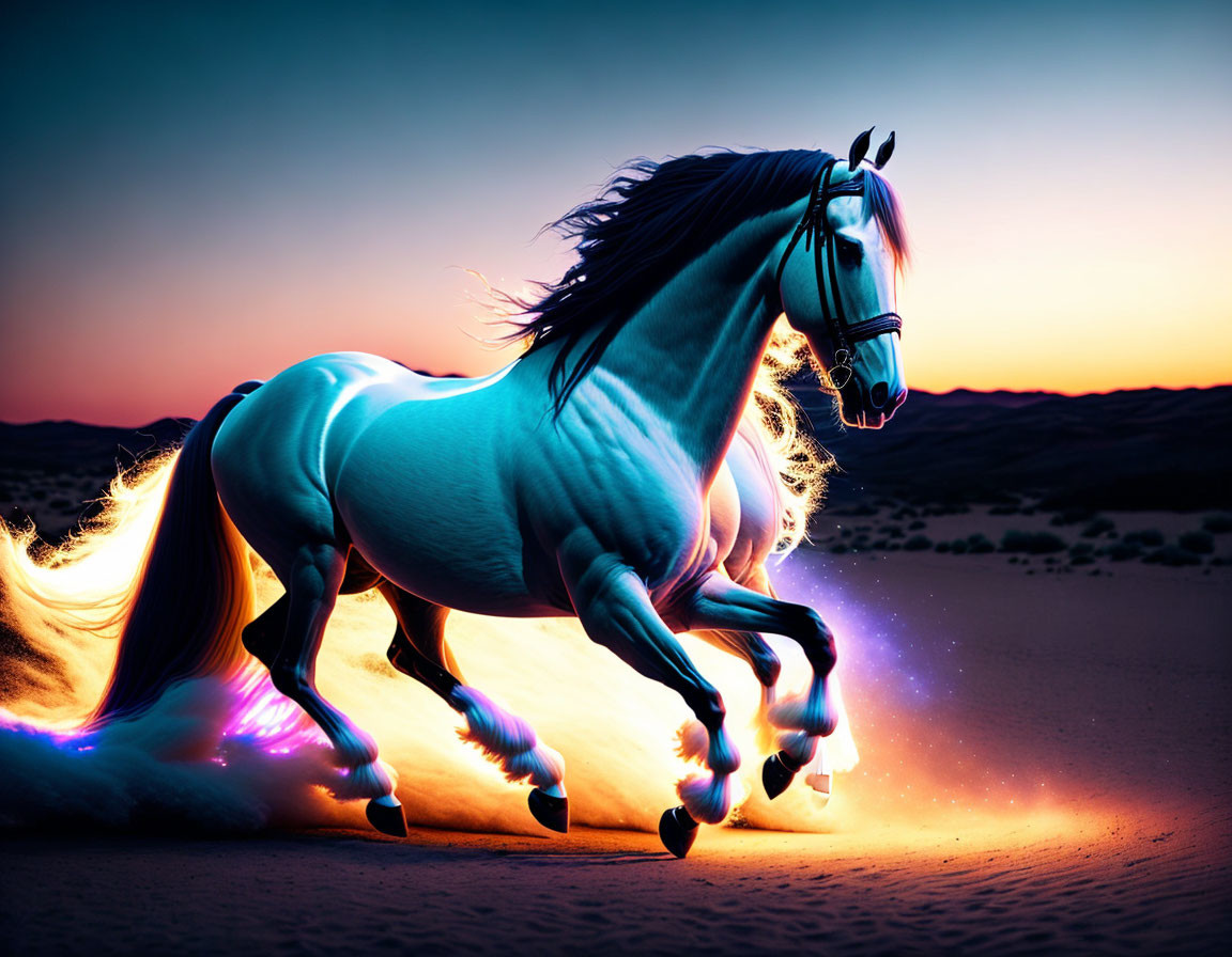 White horse with flowing mane galloping in desert at sunset