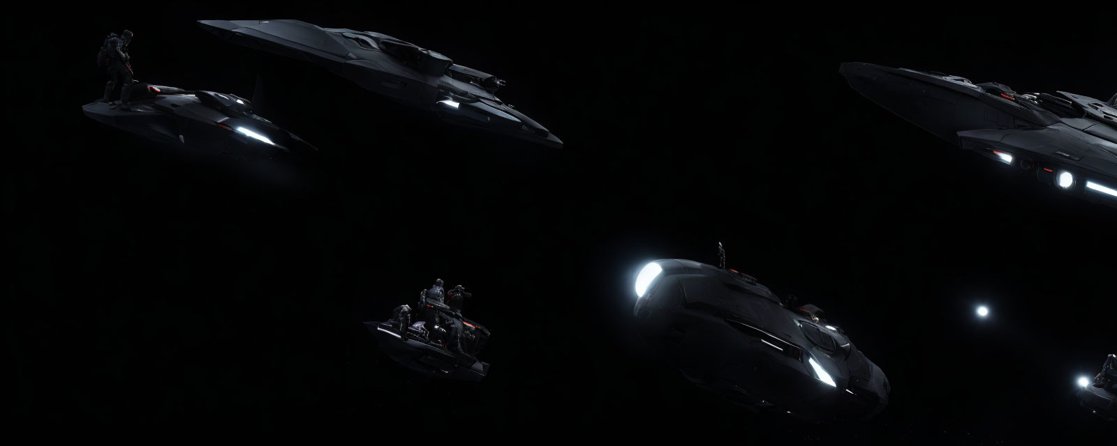 Three Glowing Spacecraft Flying in Formation