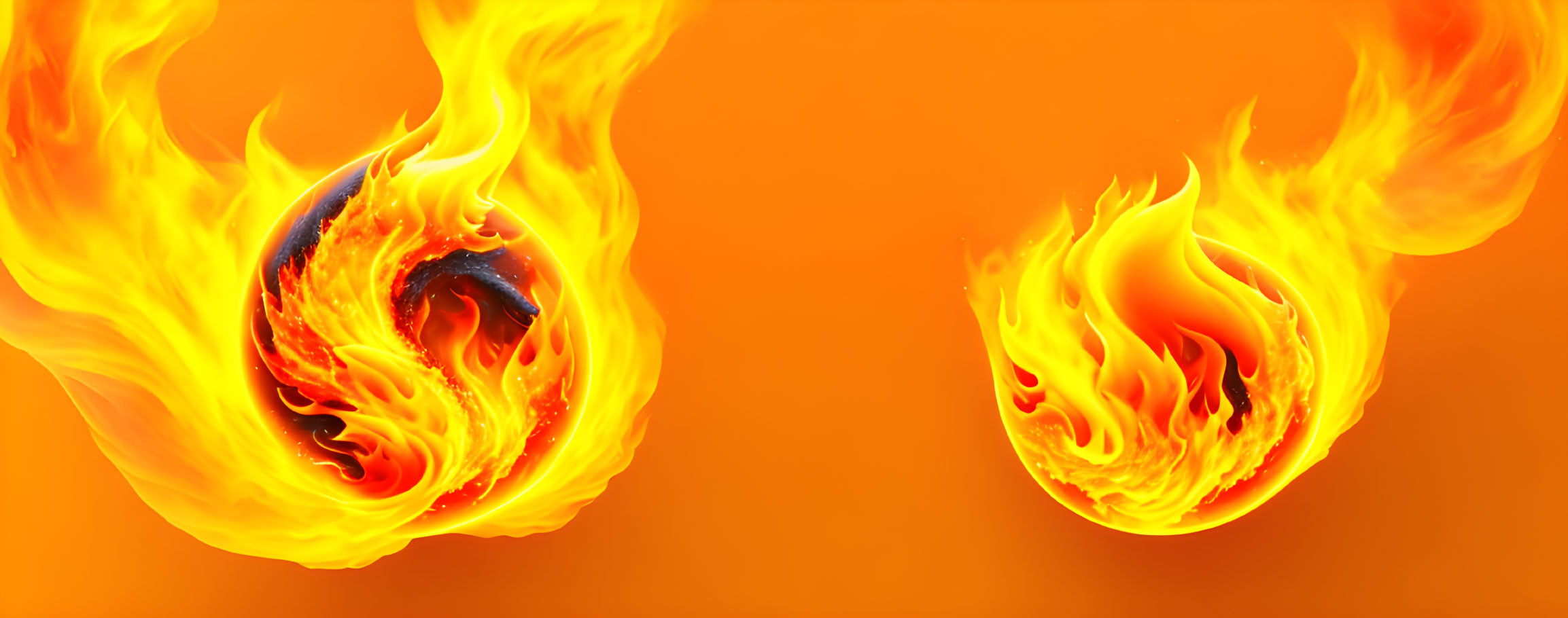 Fiery yin and yang symbols on orange background with swirling flames