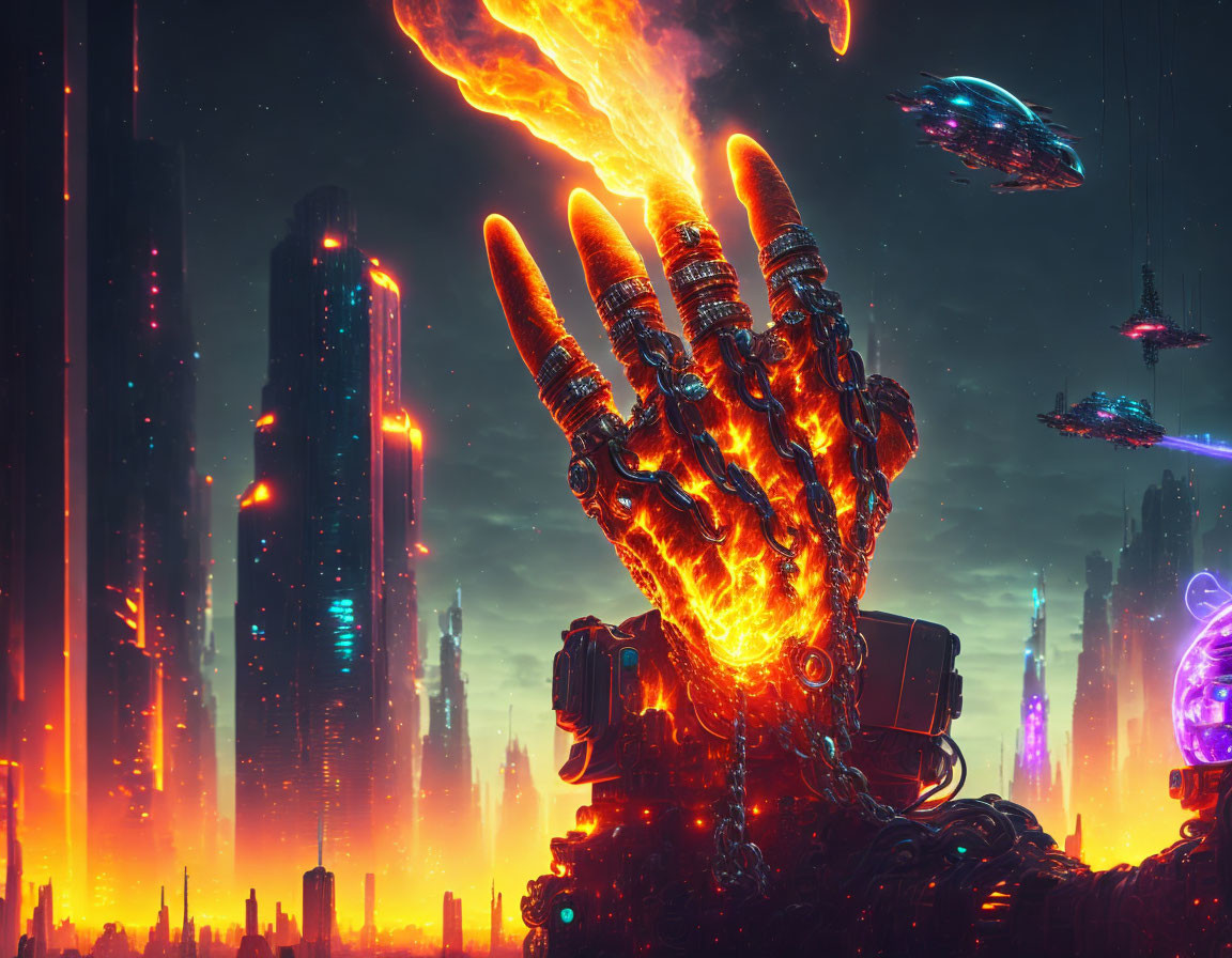 Gigantic flaming robotic hand in futuristic cityscape with flying vehicles and skyscrapers