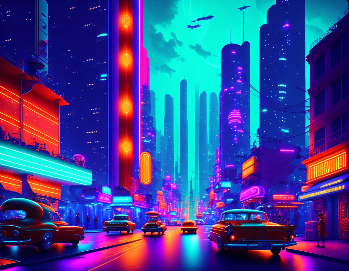 Neon-lit cyberpunk cityscape with retro-futuristic cars and flying vehicles