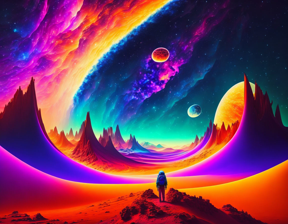 Colorful Sci-Fi Landscape with Astronaut and Alien Terrain