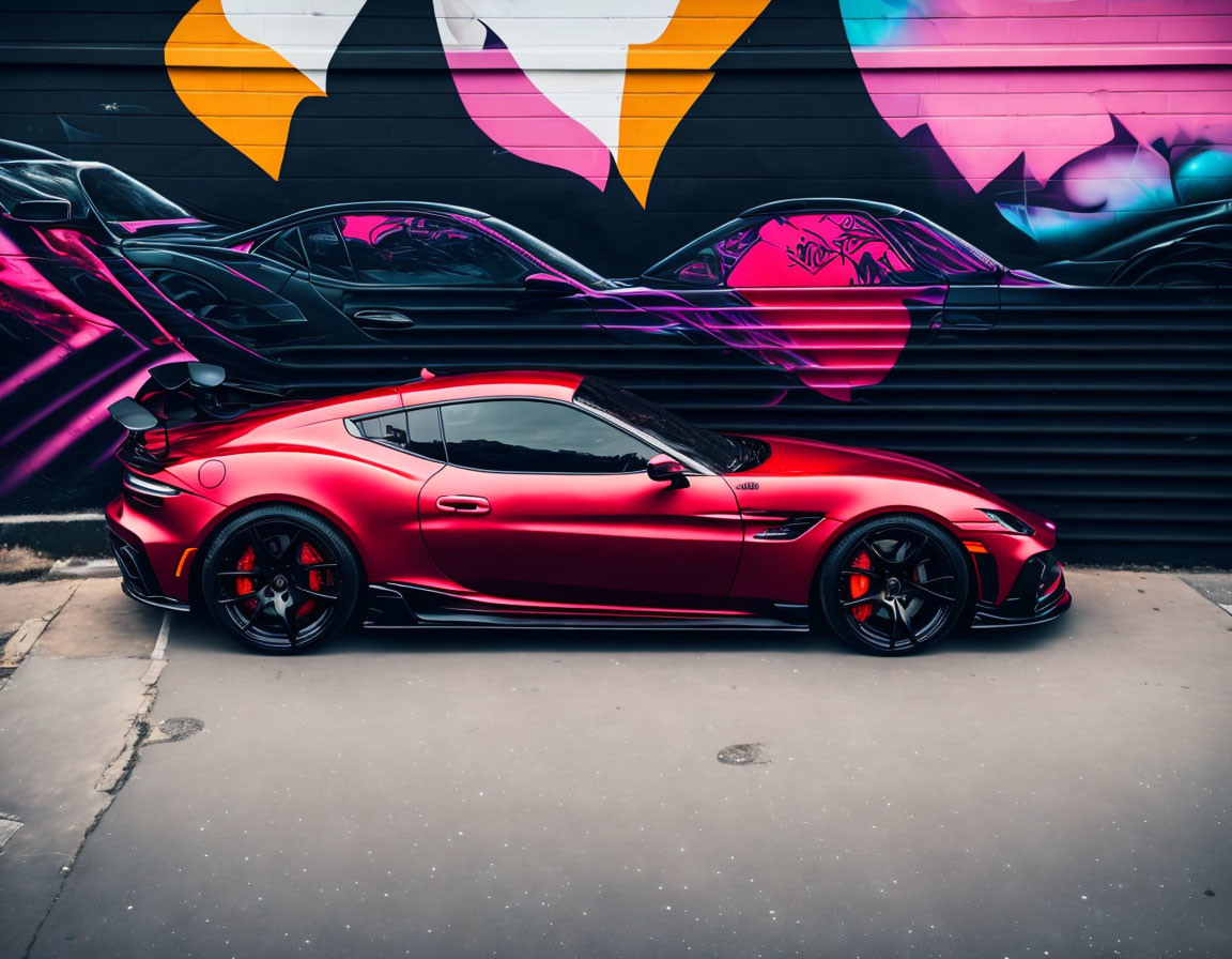 Red sports car with black accents parked in front of vibrant graffiti wall