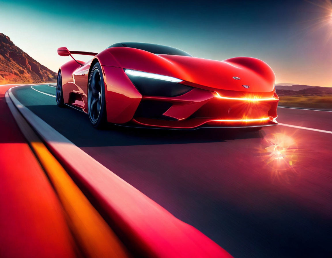 Red sports car speeding on road at sunset with dynamic background blur