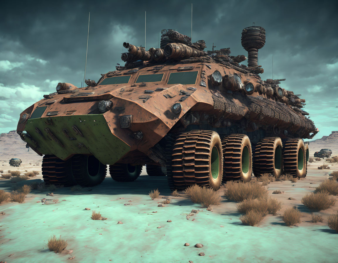 Armored military vehicle with multiple turrets in desert landscape