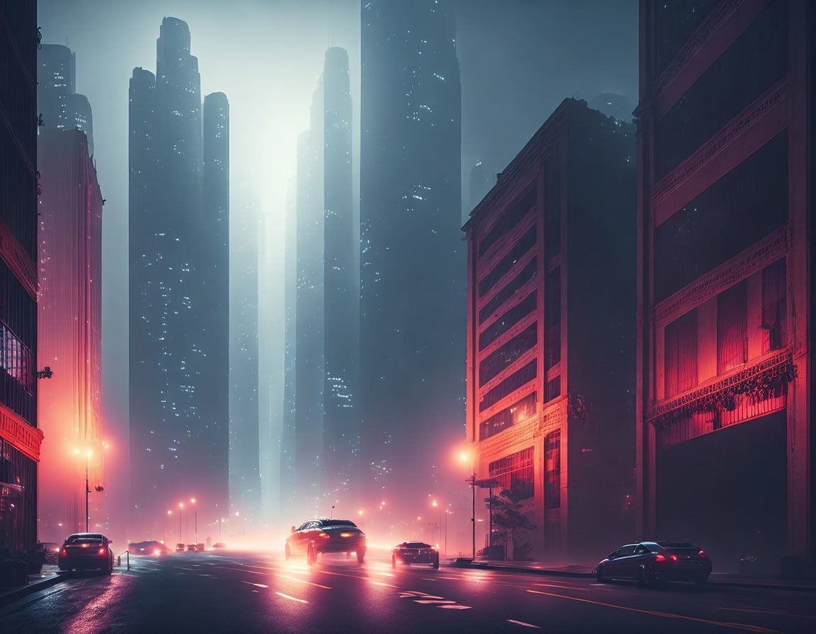 Futuristic night cityscape with misty skyscrapers and neon lights