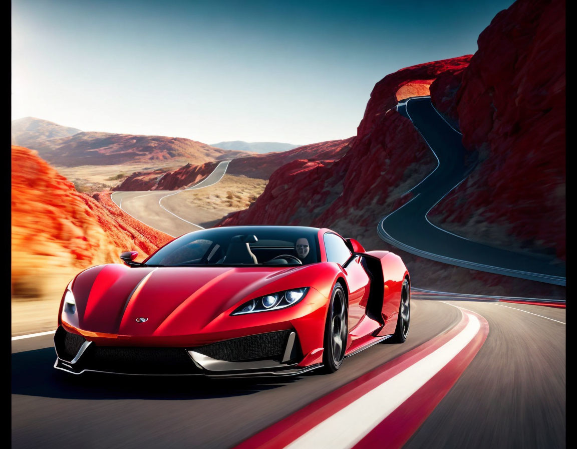 Red sports car racing on winding desert road under clear blue sky