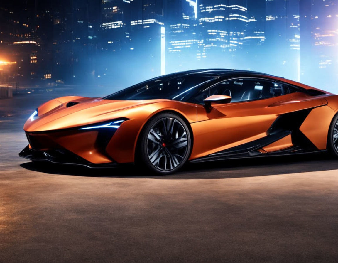 Sleek Orange Sports Car Parked Against City Nightscape