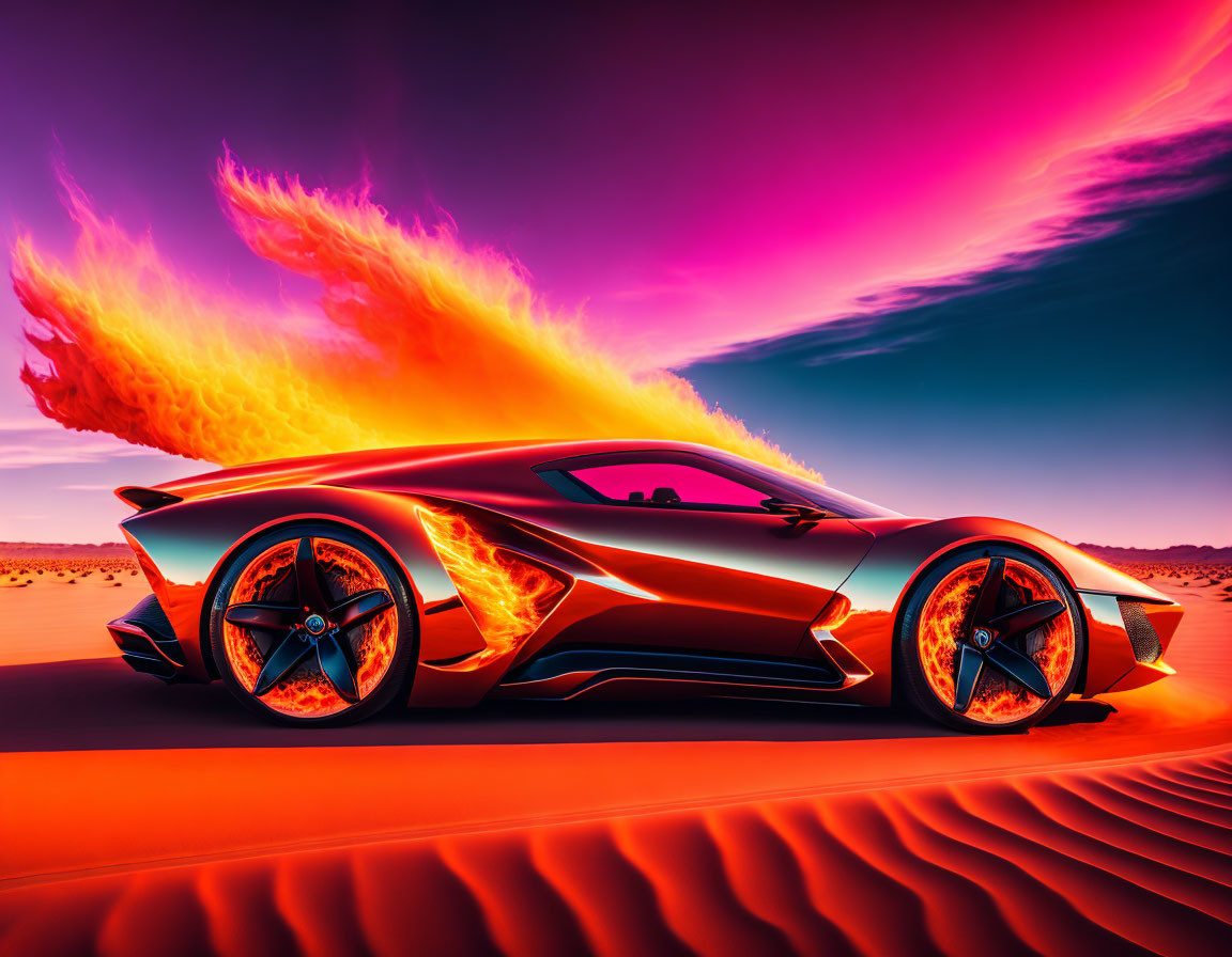 Futuristic orange sports car with flames in desert sunset