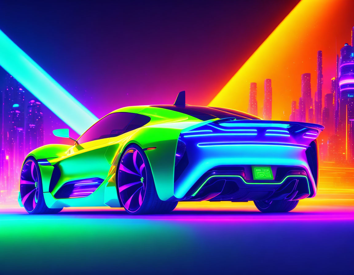 Futuristic neon car in vibrant cityscape