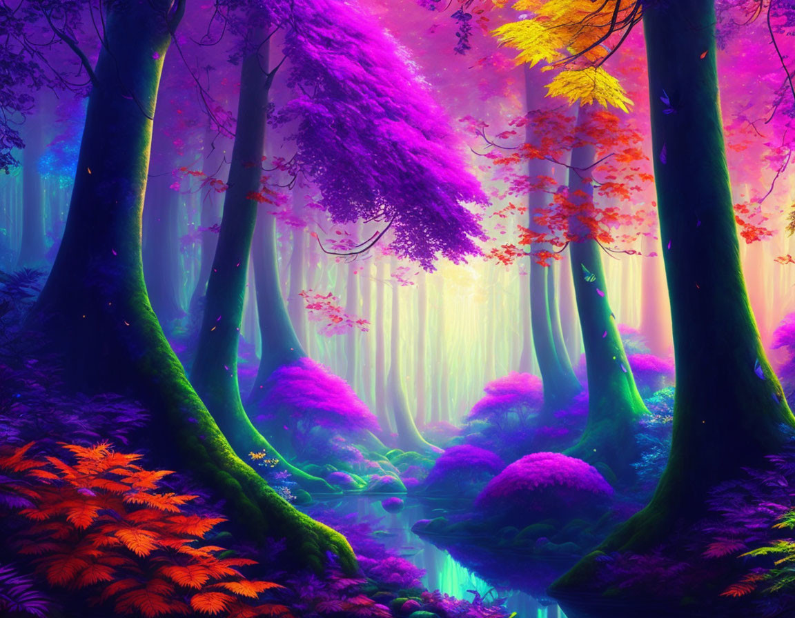 Colorful fantasy forest with neon foliage, serene stream, and ethereal lighting