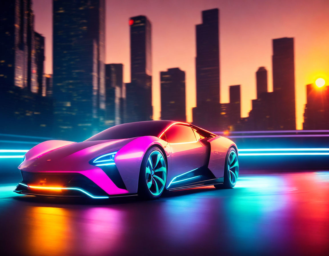 Futuristic sports car with neon highlights in cityscape at sunset