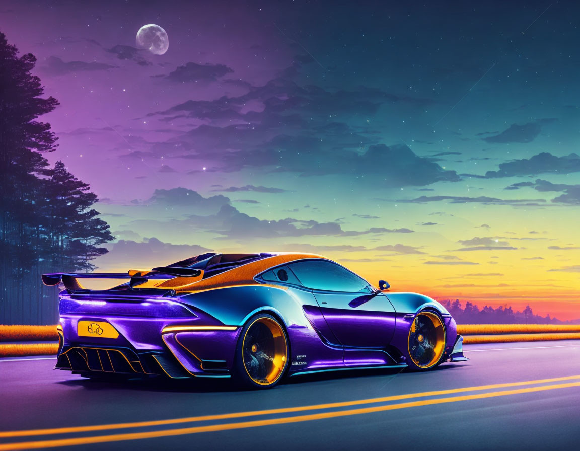 Purple sports car parked on road at vibrant sunset with moon in sky