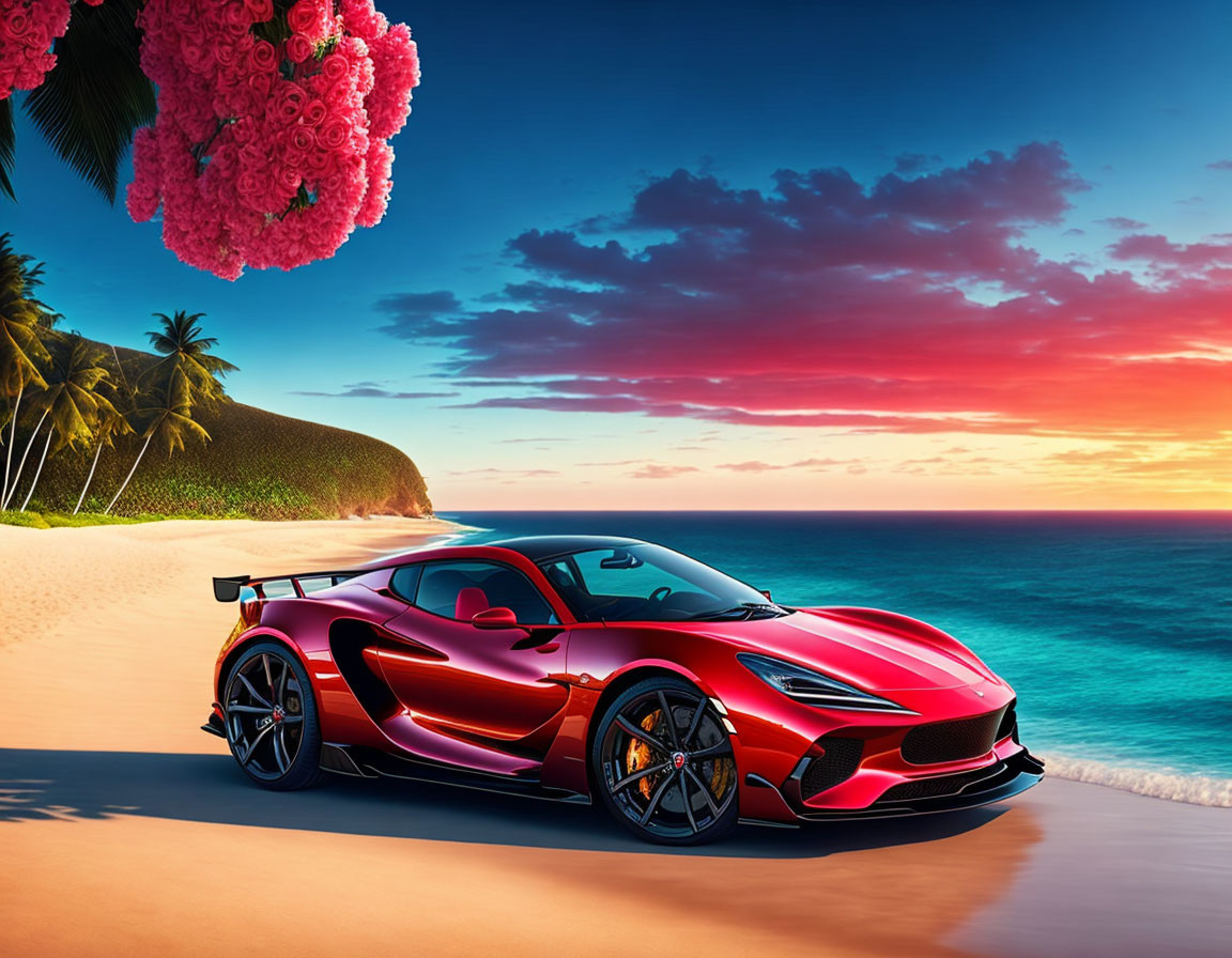 Vibrant sunset scene: Red sports car on sandy beach with tropical flora